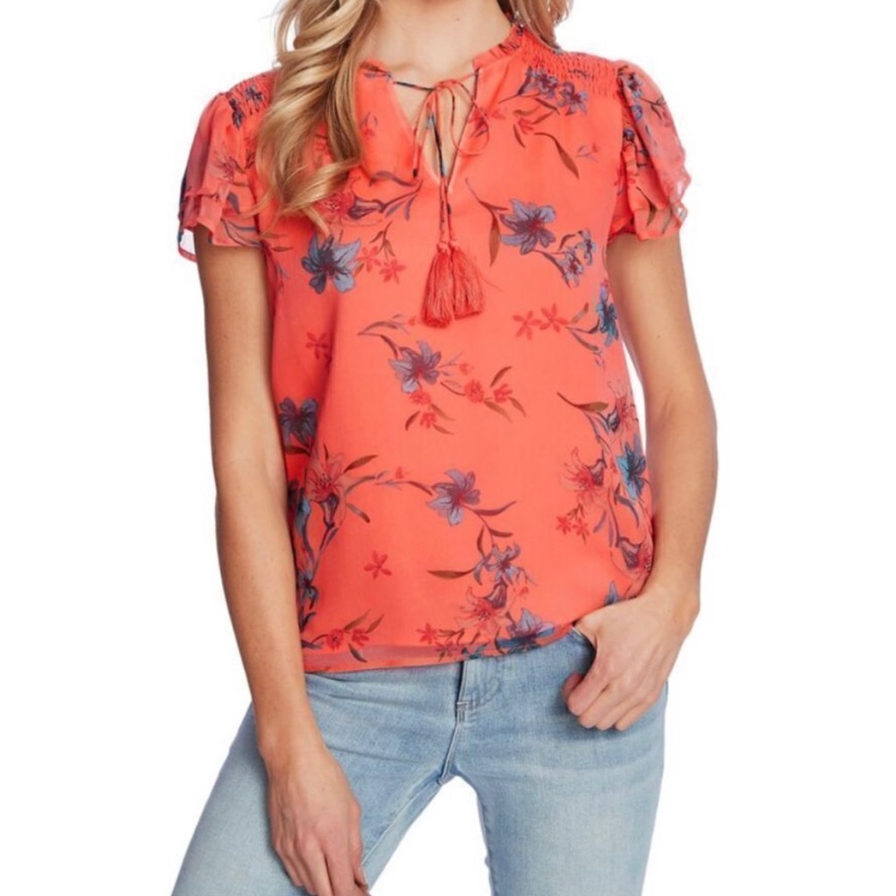 CeCe Expressive Lilies Split Neck Top